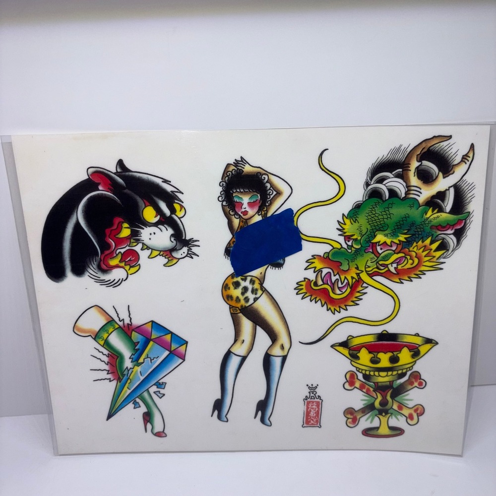 1999 Vintage Jeff Rassier Tattoo Flash Sheet Art Print Multi-Color